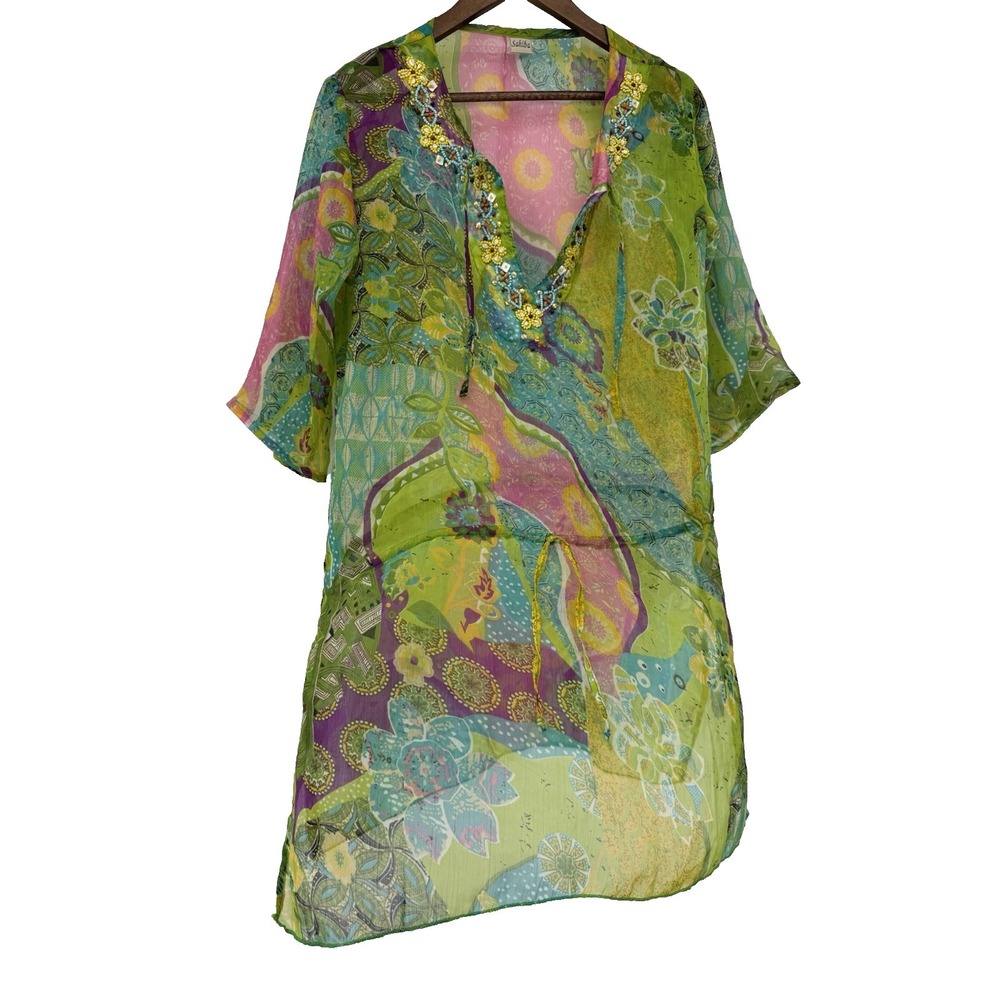 Sahiba Boho Sheer Floral Beaded Tunic Cover Up Drawstring Artsy festival‎ L